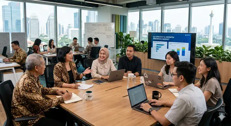 Tim enterprise berkolaborasi di ruang rapat dengan layar presentasi